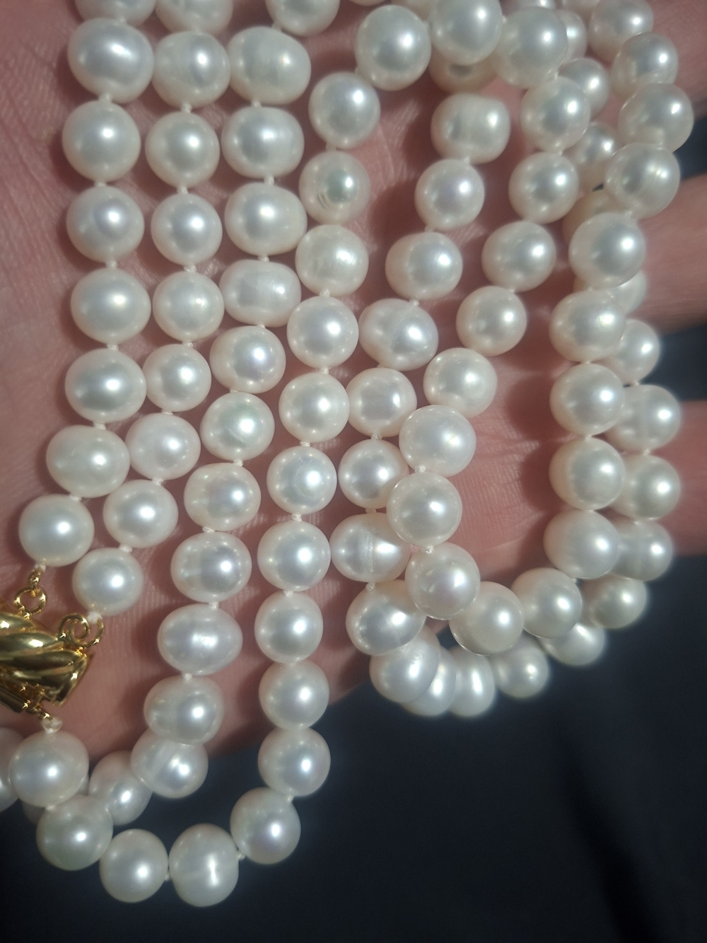Classic White Double Strand Pearl Necklace with Gold Clasp